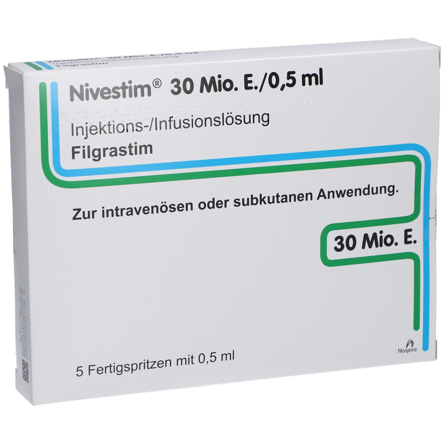 Weiße Schachtel mit grünen und blauen Linien. Aufschrift: Nivestim 30 Mio.E./0,5 ml. 5 Fertigspritzen mit 0,5 ml.