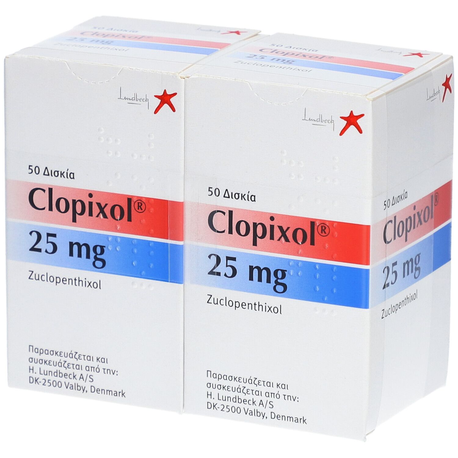 Zwei Schachteln Clopixol 25 mg. Aufschrift: 50 Disia, Zucclopentixol. Rote Sternmarke. Hersteller: H. Lundbeck A/S.