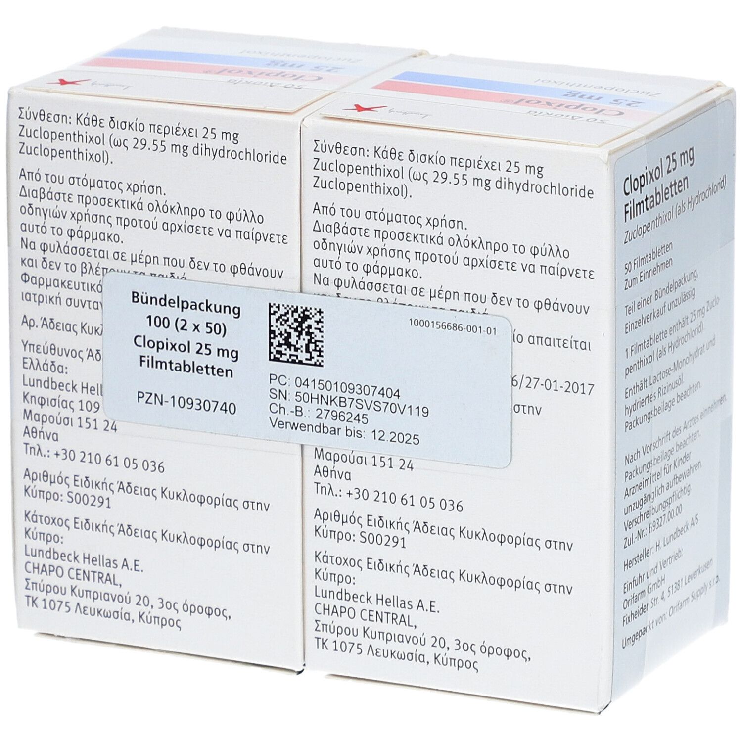 Zwei Schachteln Clopixol 25 mg Filmtabletten. Aufschrift: 100 (2 x 50) Filmtabletten. Hersteller: Lundbeck Hellas A.E.
