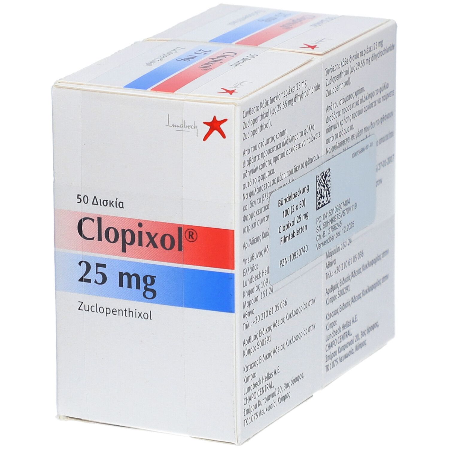 Schachtel Clopixol 25 mg. Aufschrift: 50 Disia, Zucclopentixol. Rote Sternmarke. Hersteller: H. Lundbeck A/S.