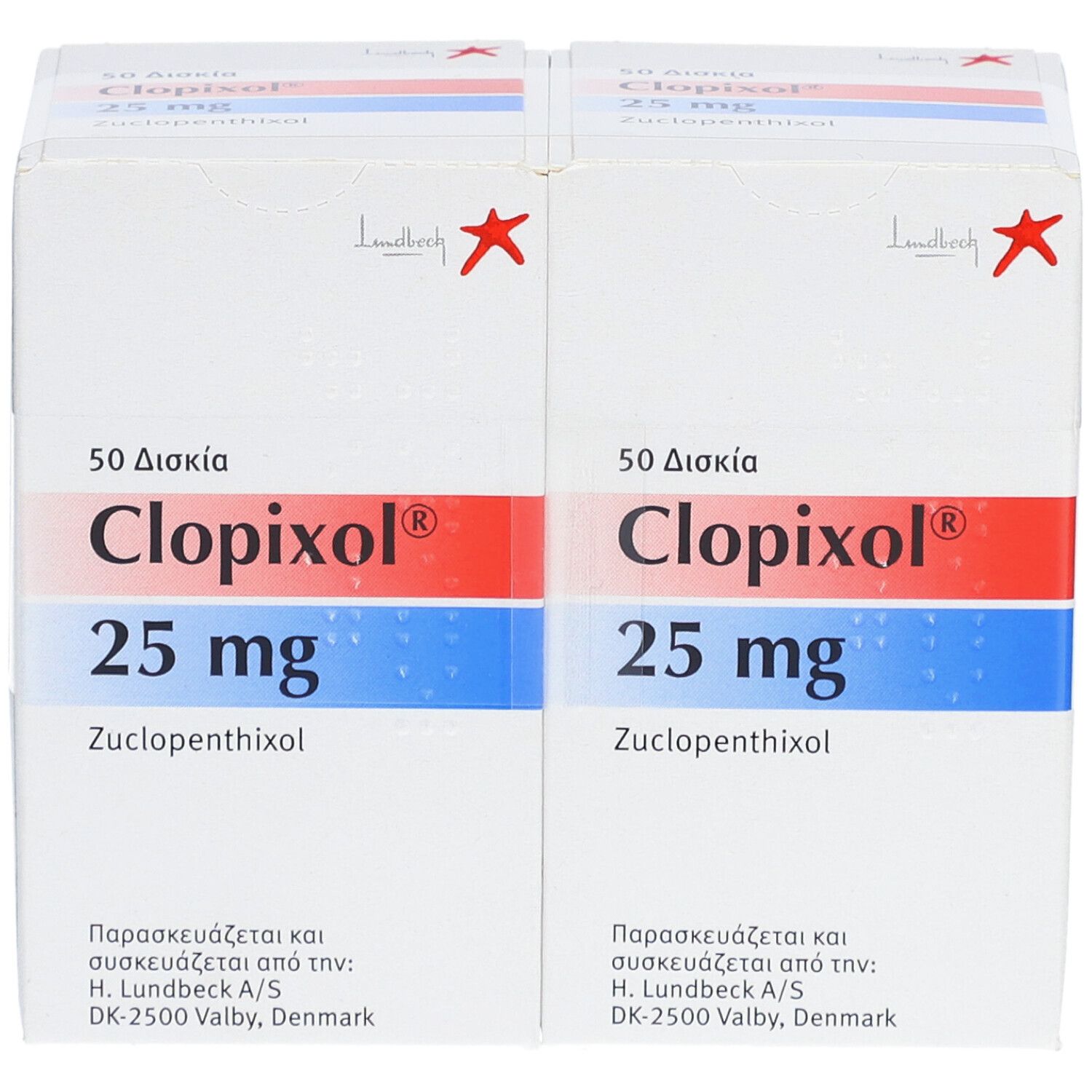 Zwei Schachteln Clopixol 25 mg. Aufschrift: 50 Disia, Zucclopentixol. Rote Sternmarke. Hersteller: H. Lundbeck A/S.