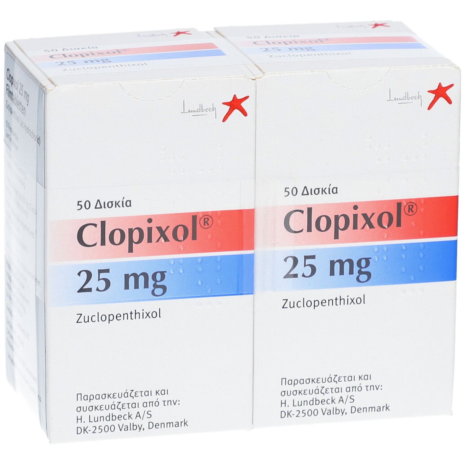 Zwei Schachteln Clopixol 25 mg. Aufschrift: 50 Disia, Zucclopentixol. Rote Sternmarke. Hersteller: H. Lundbeck A/S.