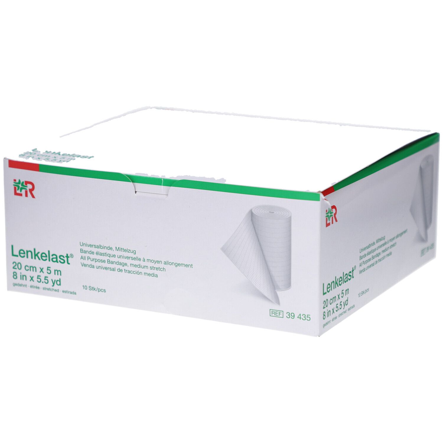 Verpackung mit Lenkelast Universalbinde. 20 cm x 5 m. Weißes Verbandsmaterial, teilweise abgerollt. Grüne und weiße Box.