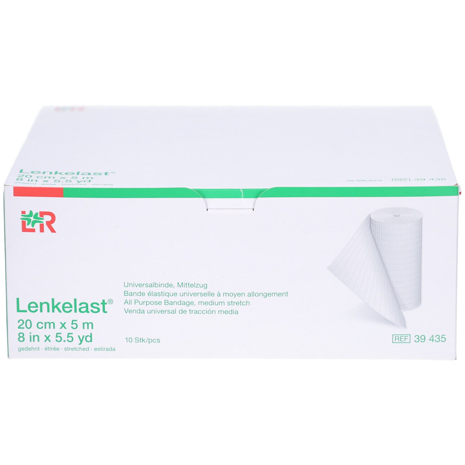 Verpackung mit Lenkelast Universalbinde. 20 cm x 5 m. Weißes Verbandsmaterial, teilweise abgerollt. Grüne und weiße Box.