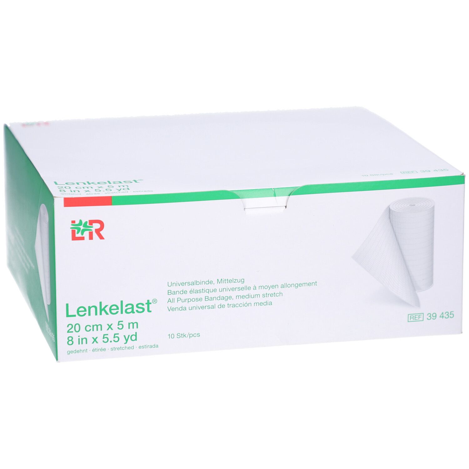 Verpackung mit Lenkelast Universalbinde. 20 cm x 5 m. Weißes Verbandsmaterial, teilweise abgerollt. Grüne und weiße Box.