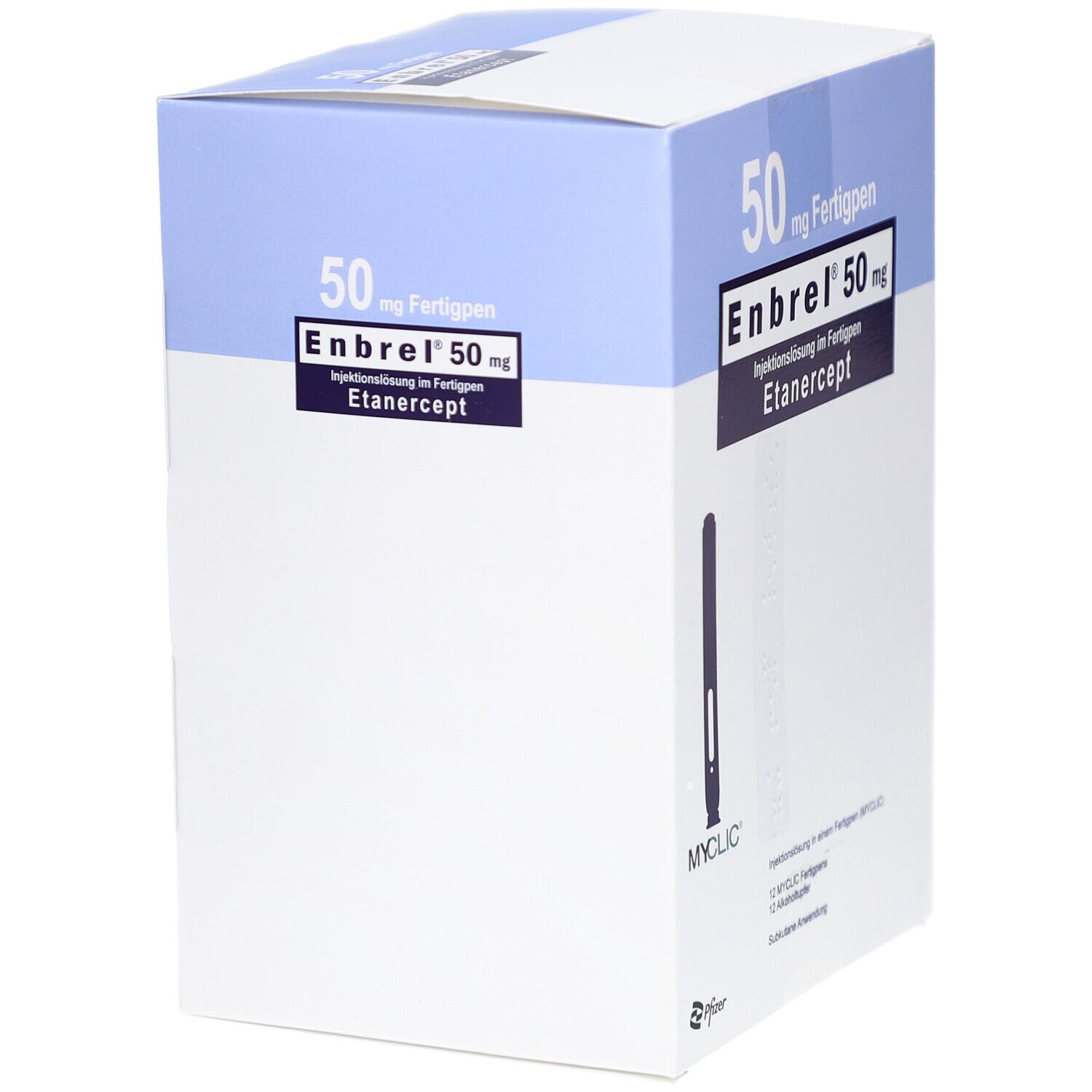 Karton mit ENBREL 50 mg Fertigpen. Aufschrift: Injektionslösung im Fertigpen, Etanercept. MYCLIC-Stift abgebildet. Pfizer-Logo.