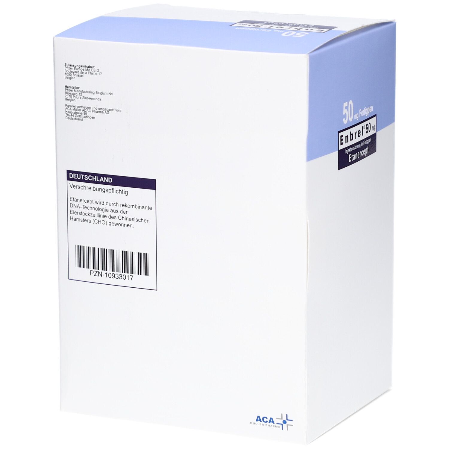 Rückseite des Kartons mit Informationen. Aufschrift: Verschreibungspflichtig. Enthält Informationen zu Etanercept und Chargennummer.