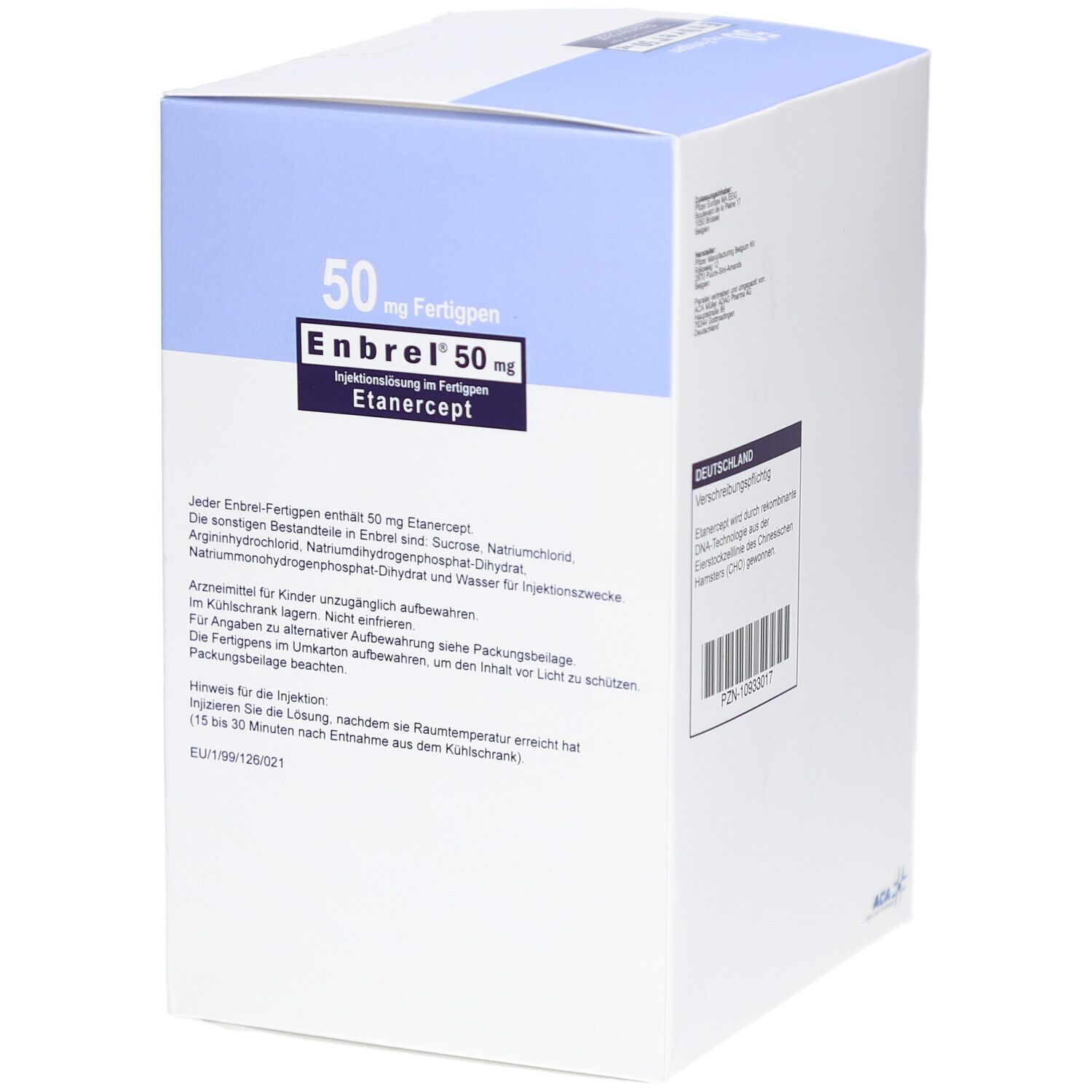 Karton mit ENBREL 50 mg Fertigpen. Aufschrift: Injektionslösung im Fertigpen, Etanercept. Enthält Informationen zu Inhaltsstoffen und Anwendung.