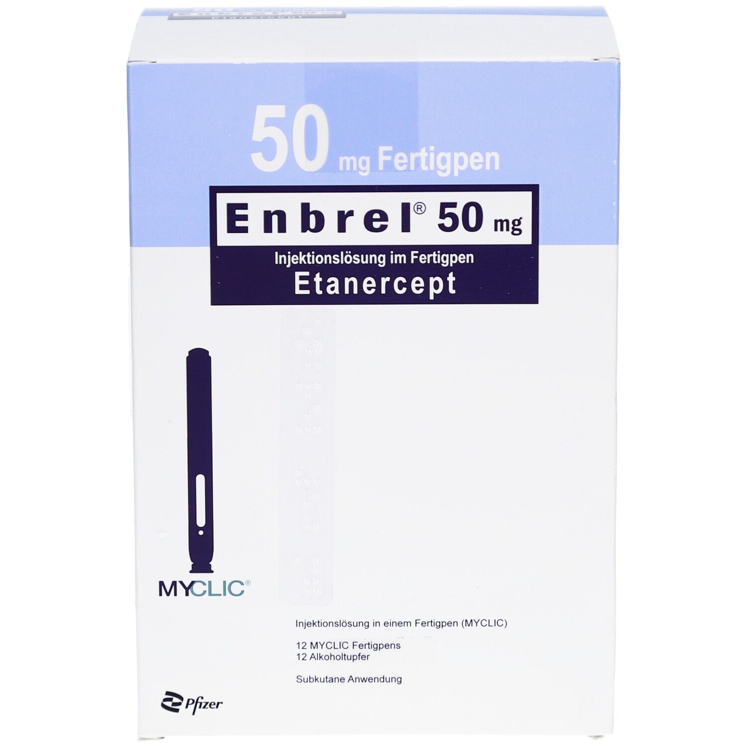 Karton mit ENBREL 50 mg Fertigpen. Aufschrift: Injektionslösung im Fertigpen, Etanercept. MYCLIC-Stift abgebildet. Pfizer-Logo.