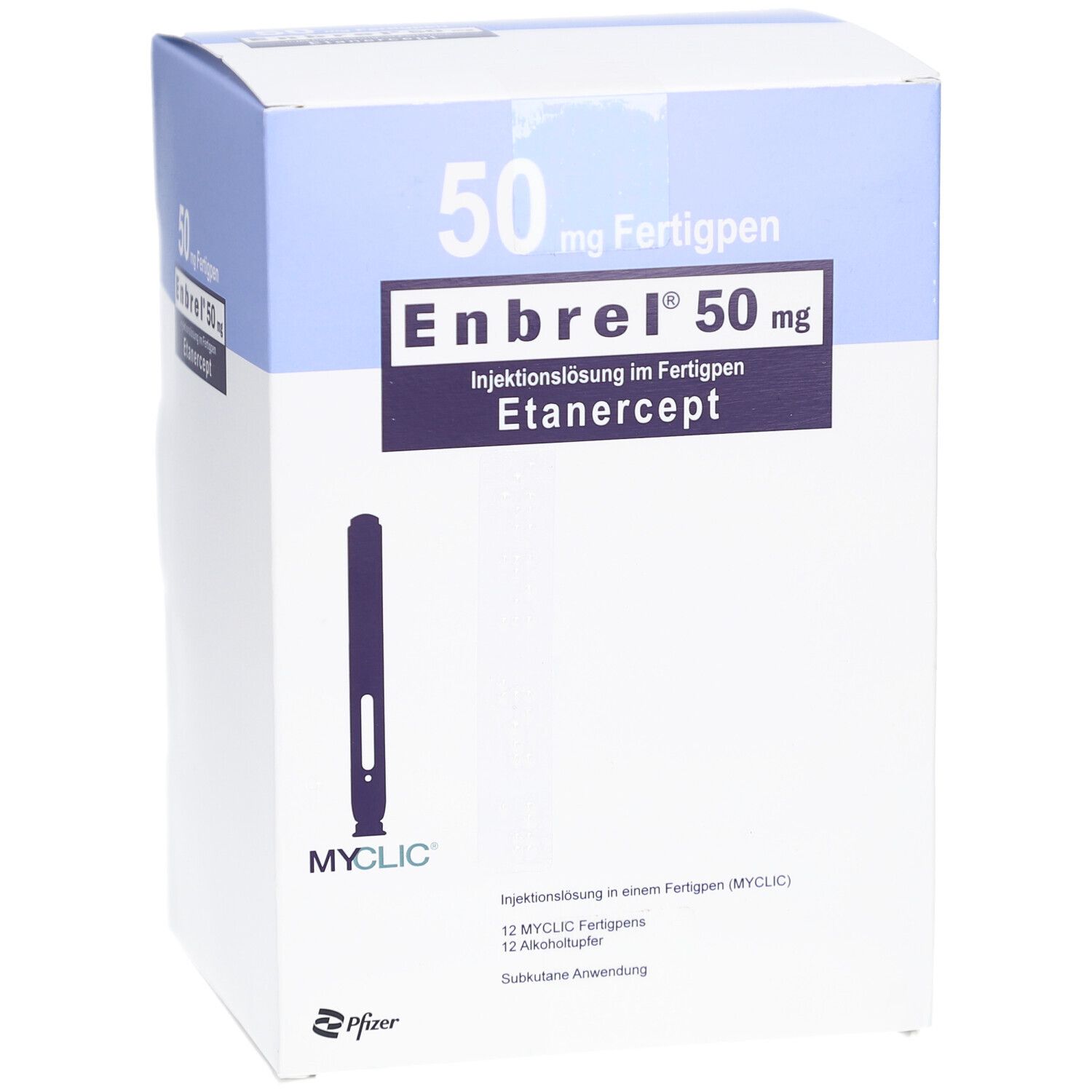 Karton mit ENBREL 50 mg Fertigpen. Aufschrift: Injektionslösung im Fertigpen, Etanercept. MYCLIC-Stift abgebildet. Pfizer-Logo.
