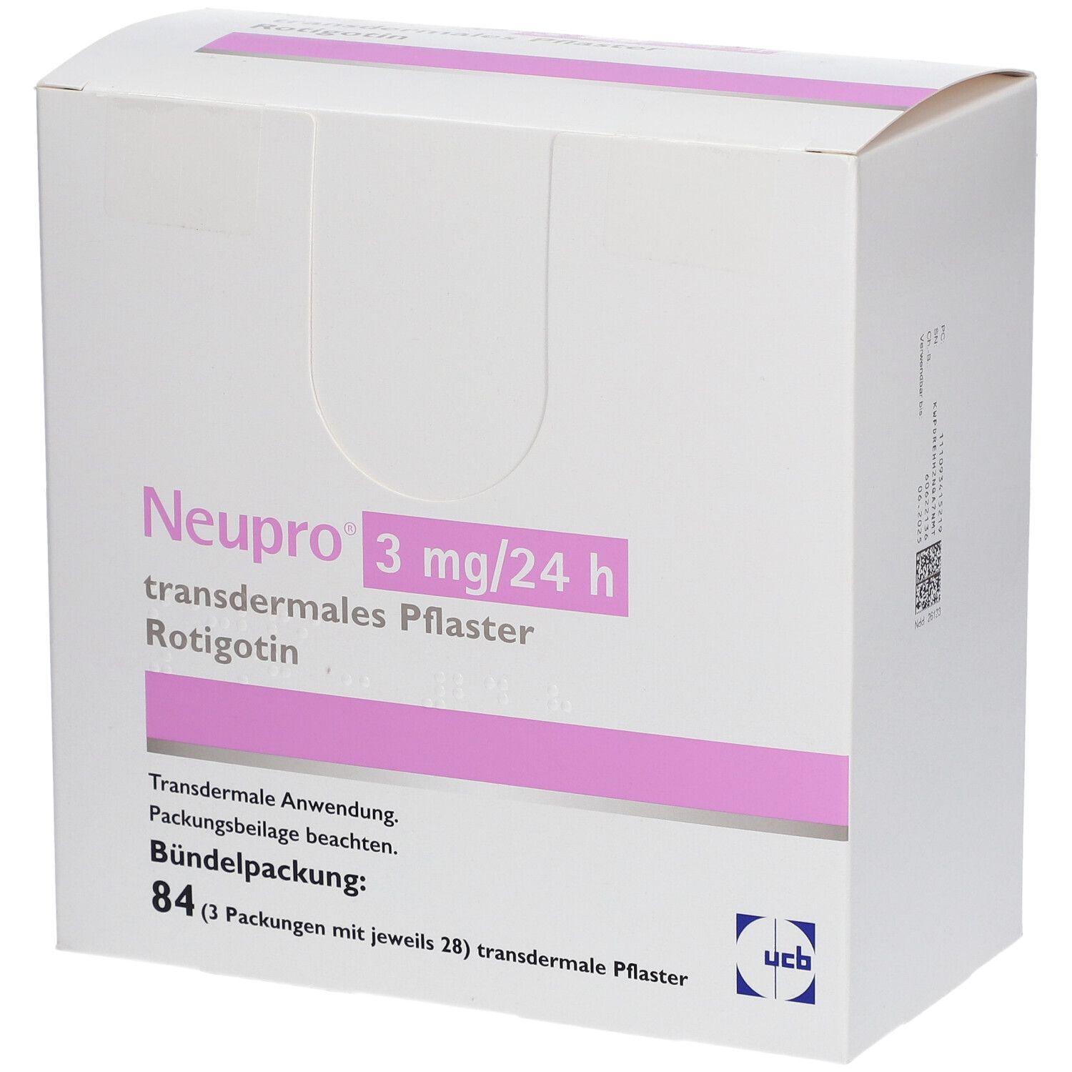 Weiße Schachtel mit rosa Streifen. Aufschrift: Neupro 3 mg/24 h, transdermales Pflaster. 84 Pflaster.