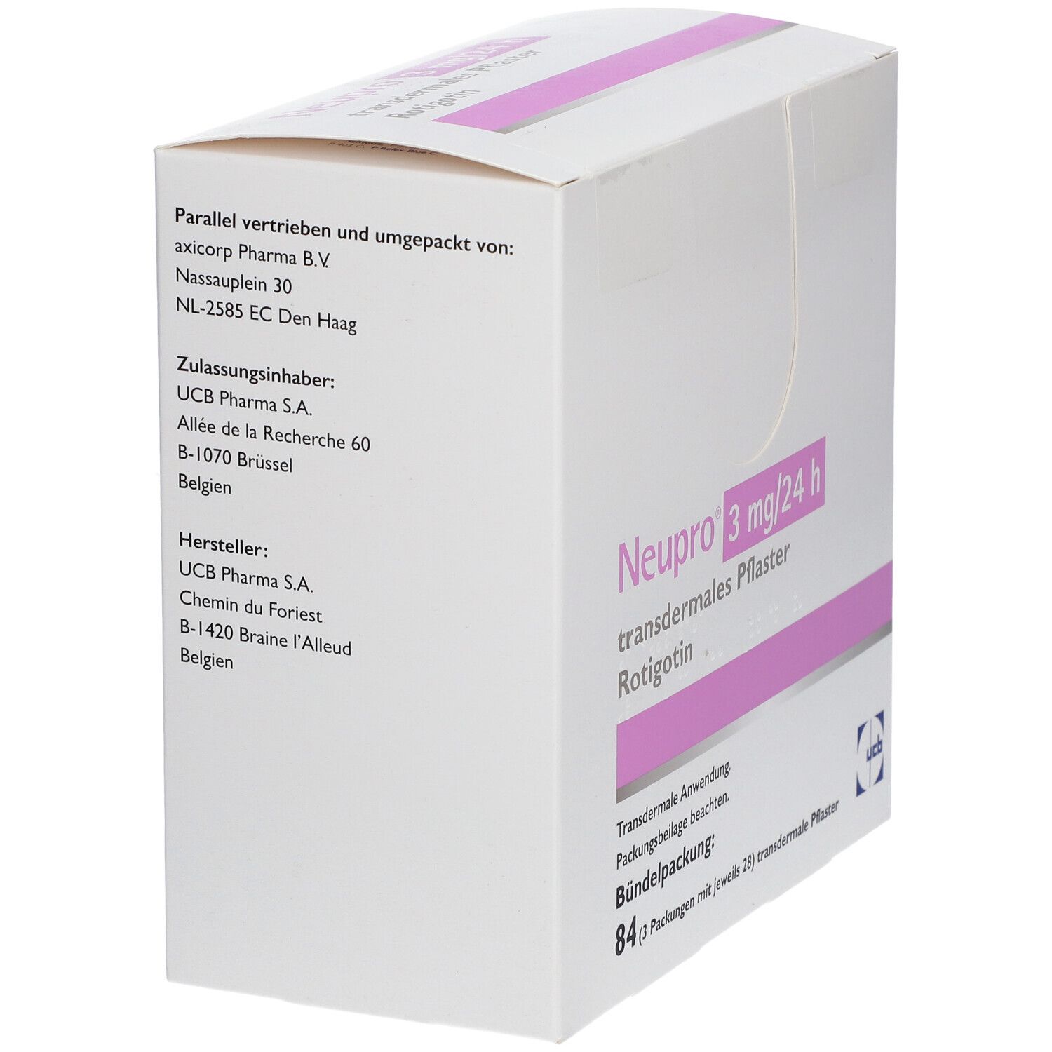 Weiße Schachtel mit rosa Streifen. Aufschrift: Neupro 3 mg/24 h, transdermales Pflaster. 84 Pflaster.