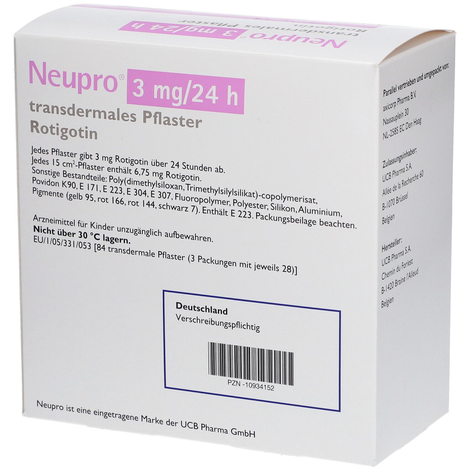 Weiße Schachtel mit rosa Streifen. Aufschrift: Neupro 3 mg/24 h, transdermales Pflaster. 84 Pflaster.