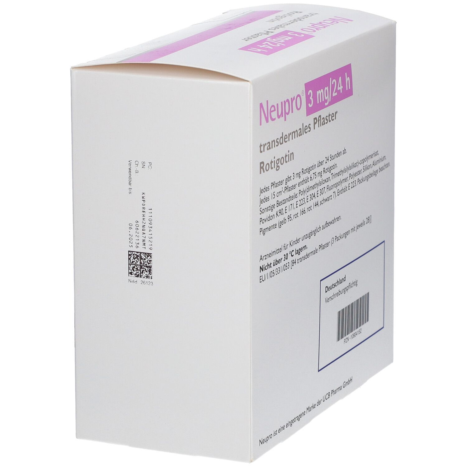 Weiße Schachtel mit rosa Streifen. Aufschrift: Neupro 3 mg/24 h, transdermales Pflaster. 84 Pflaster.
