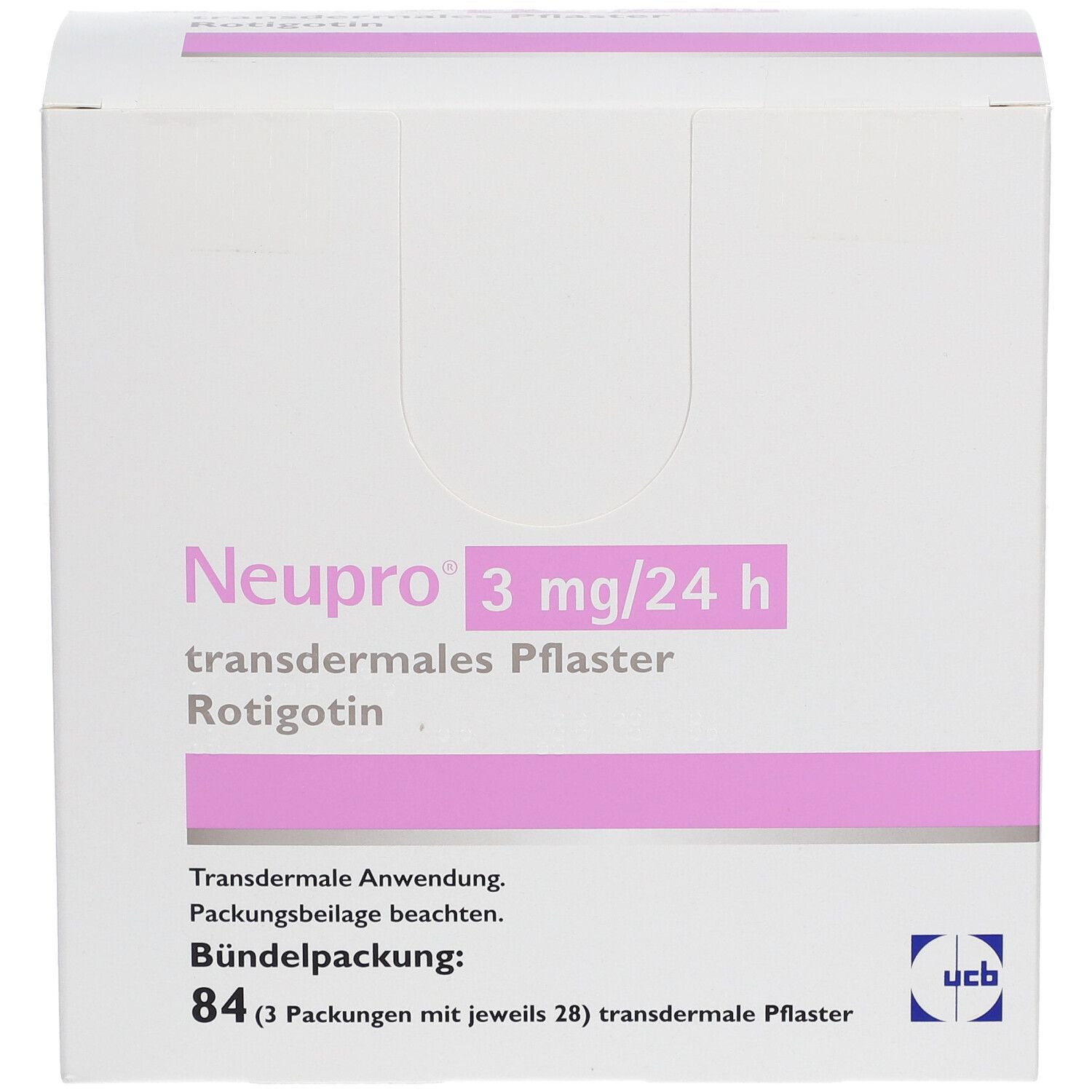 Weiße Schachtel mit rosa Streifen. Aufschrift: Neupro 3 mg/24 h, transdermales Pflaster. 84 Pflaster.