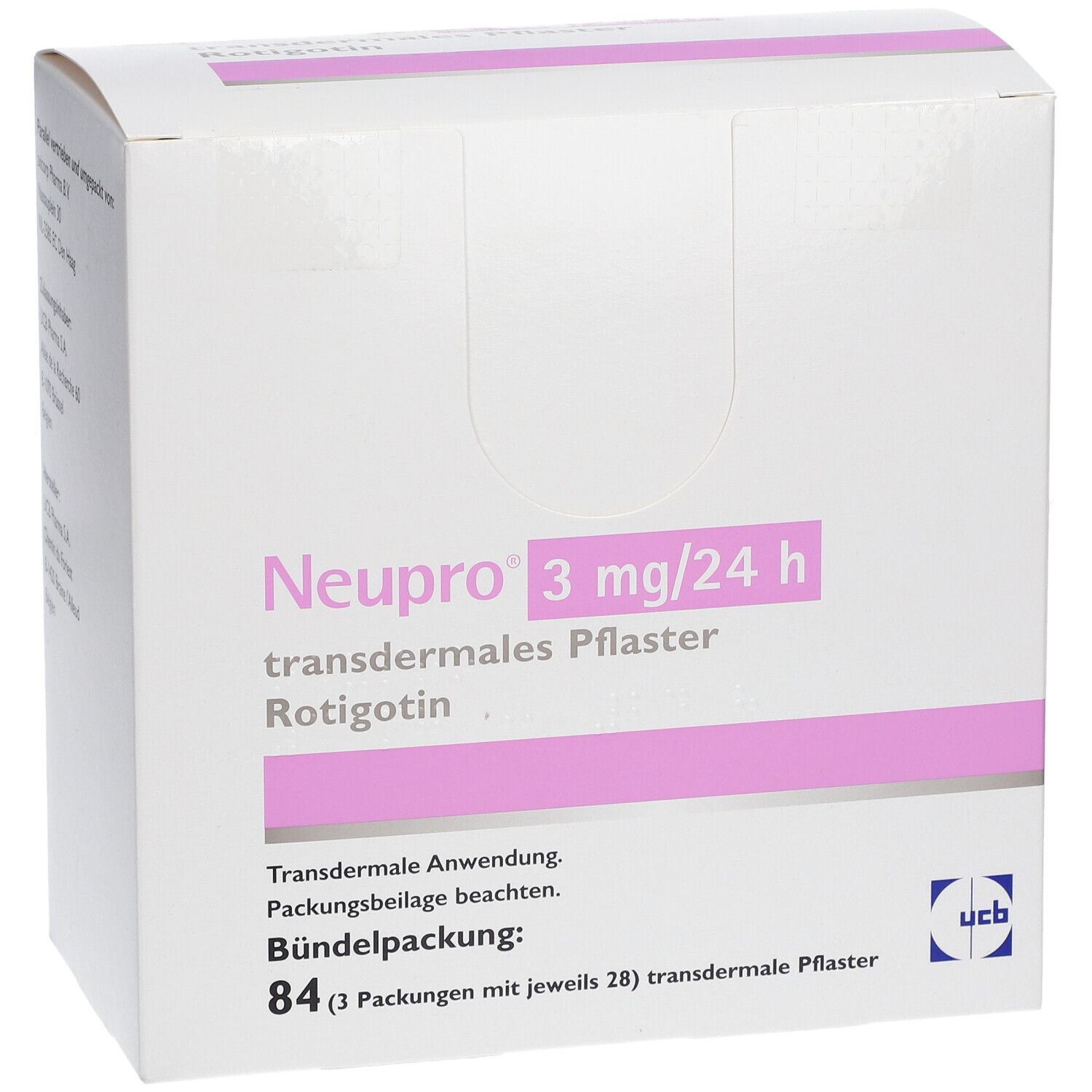 Weiße Schachtel mit rosa Streifen. Aufschrift: Neupro 3 mg/24 h, transdermales Pflaster. 84 Pflaster.