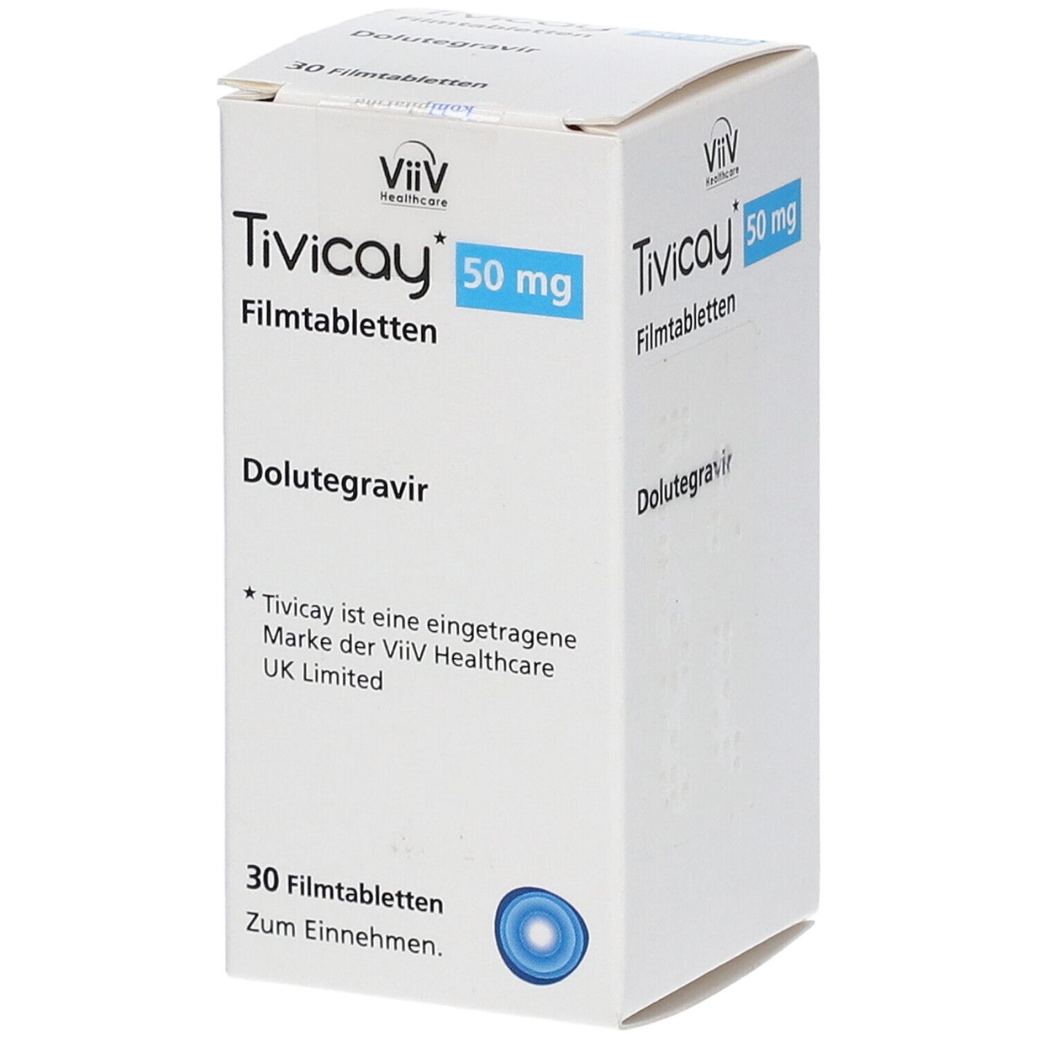 Weiße Medikamentenbox mit Aufschrift Tivicay 50 mg. Enthält 30 Filmtabletten. Dolutegravir.
