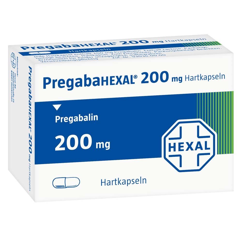 Weiße Schachtel mit blauer Schrift. Aufschrift: PregabaHEXAL 200 mg Hartkapseln, Pregabalin, 200 mg. Logo: HEXAL.