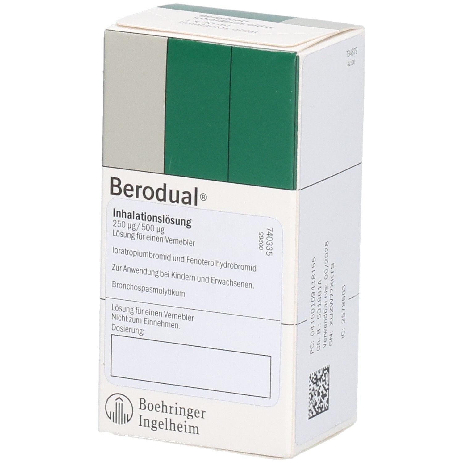 Berodual Inhalationslösung-Packung. Weiße Schachtel mit grünen und grauen Akzenten. Text: Berodual, Inhalationslösung, Boehringer Ingelheim.