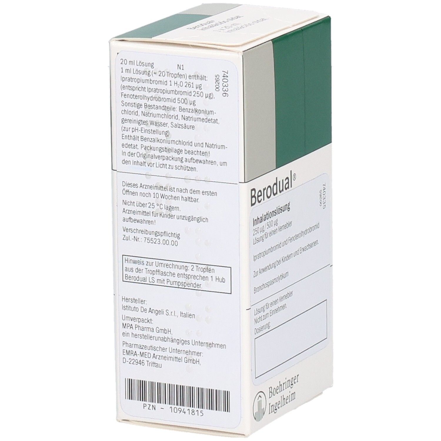 Rückseite der Berodual-Packung. Weiße Schachtel mit Text. Text: Berodual, Inhalationslösung, Inhaltsstoffe, Hersteller, Boehringer Ingelheim.