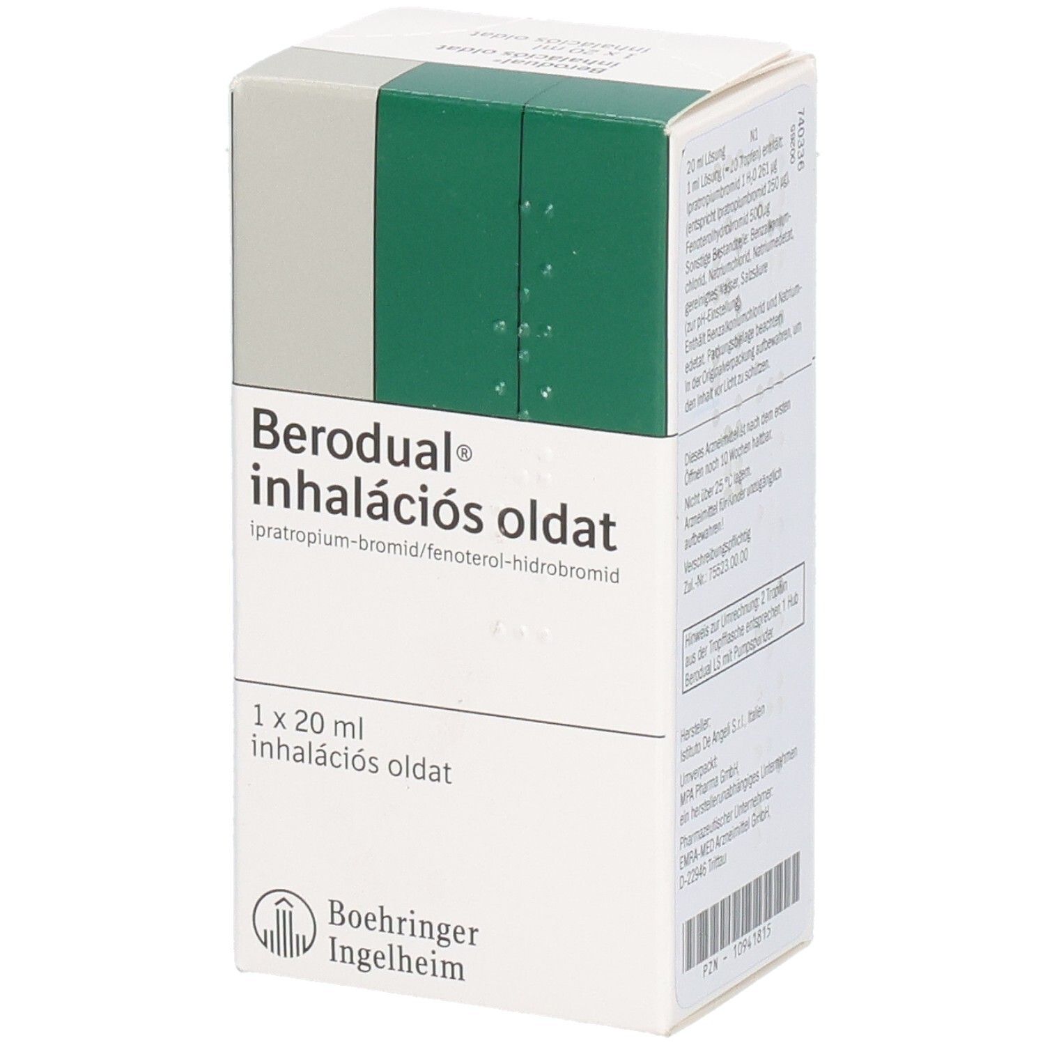 Berodual-Packung. Weiße Schachtel mit grünen und grauen Akzenten. Text: Berodual, Inhalációs oldat, Boehringer Ingelheim.