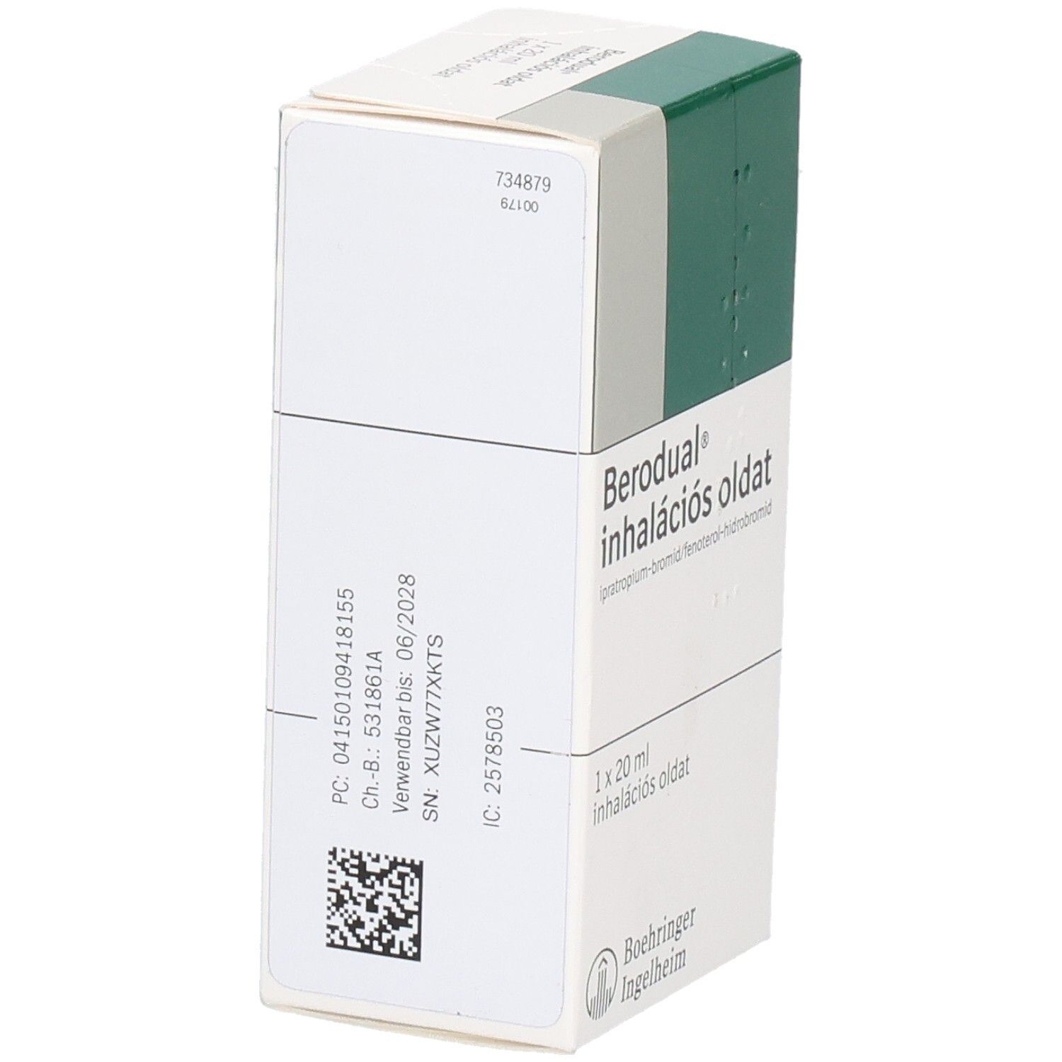 Berodual-Packung. Weiße Schachtel mit grünen und grauen Akzenten. Text: Berodual, Inhalációs oldat, Boehringer Ingelheim.