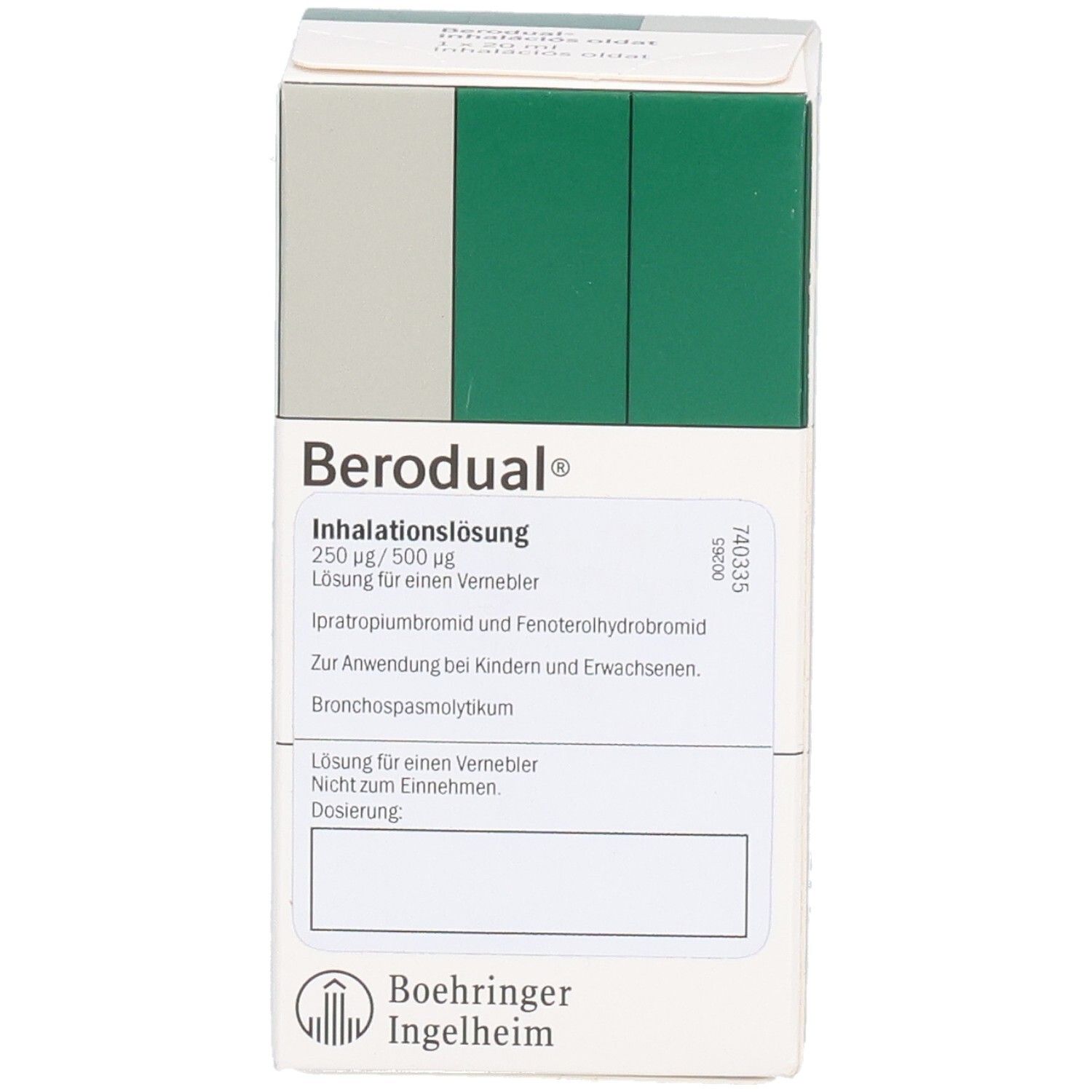 Berodual Inhalationslösung-Packung. Weiße Schachtel mit grünen und grauen Akzenten. Text: Berodual, Inhalationslösung, Boehringer Ingelheim.