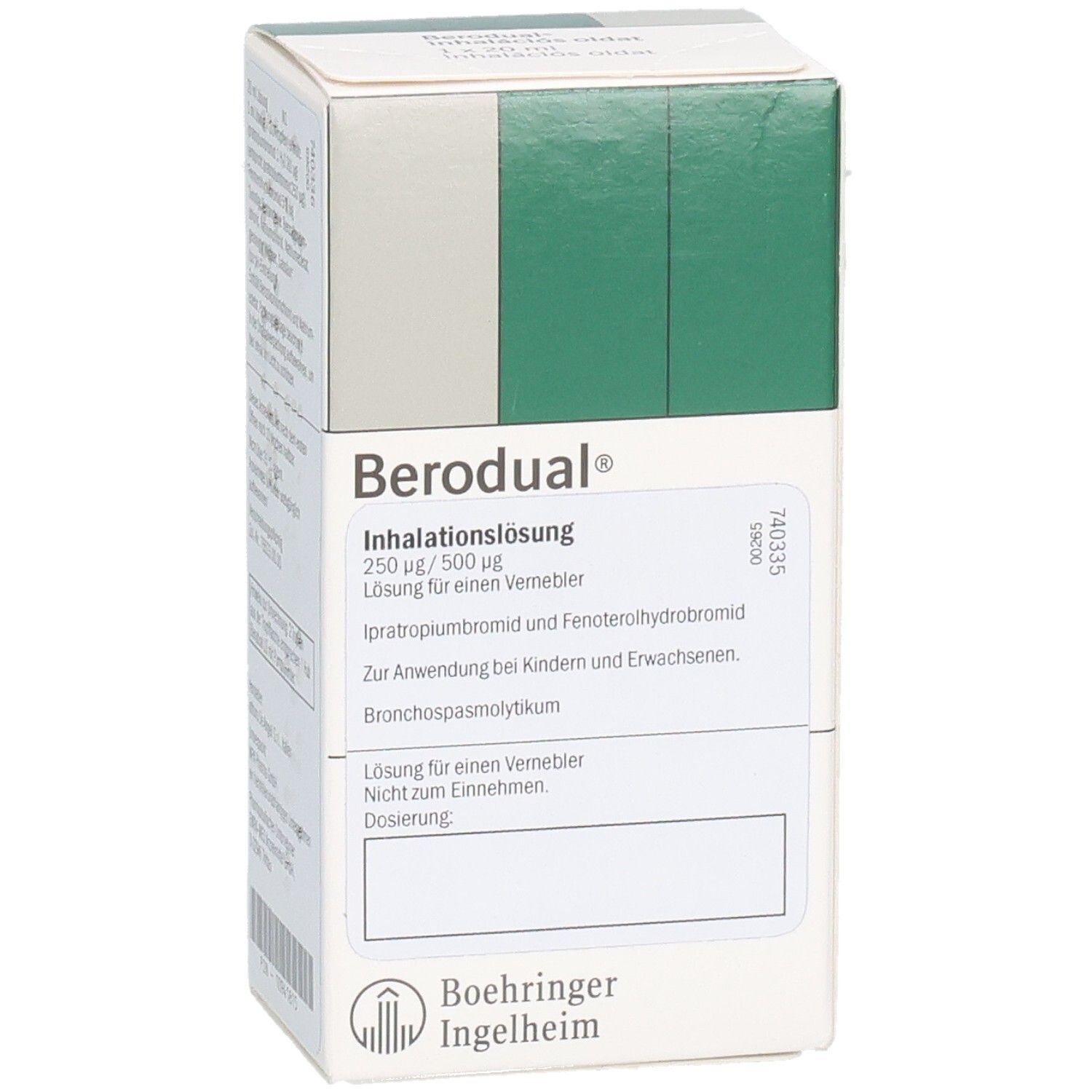 Berodual Inhalationslösung-Packung. Weiße Schachtel mit grünen und grauen Akzenten. Text: Berodual, Inhalationslösung, Boehringer Ingelheim.