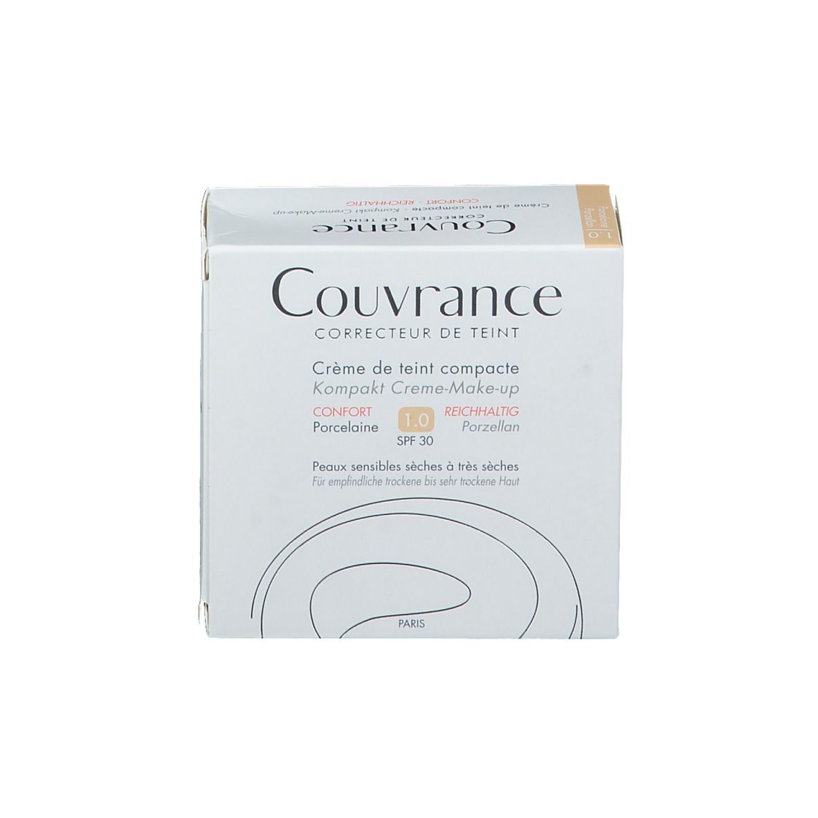 Weiße Verpackung mit Produktnamen und Details. Text: Couvrance, Kompakt Creme-Make-up, 1.0 Porzellan.