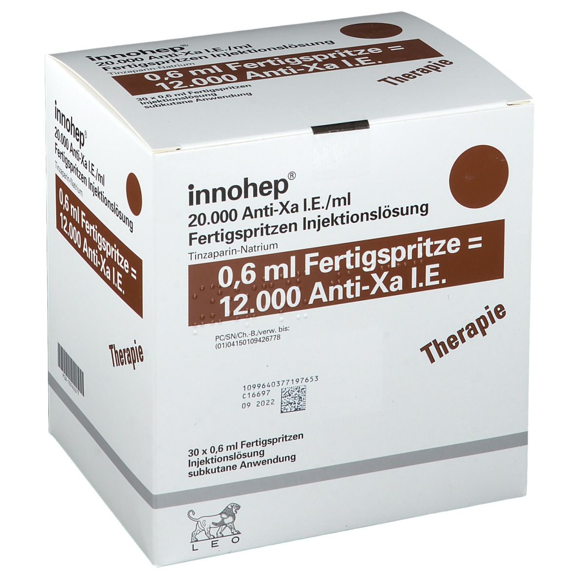 Karton mit Innohep Fertigspritzen. Braune und weiße Verpackung mit Produktinformationen und Logo.