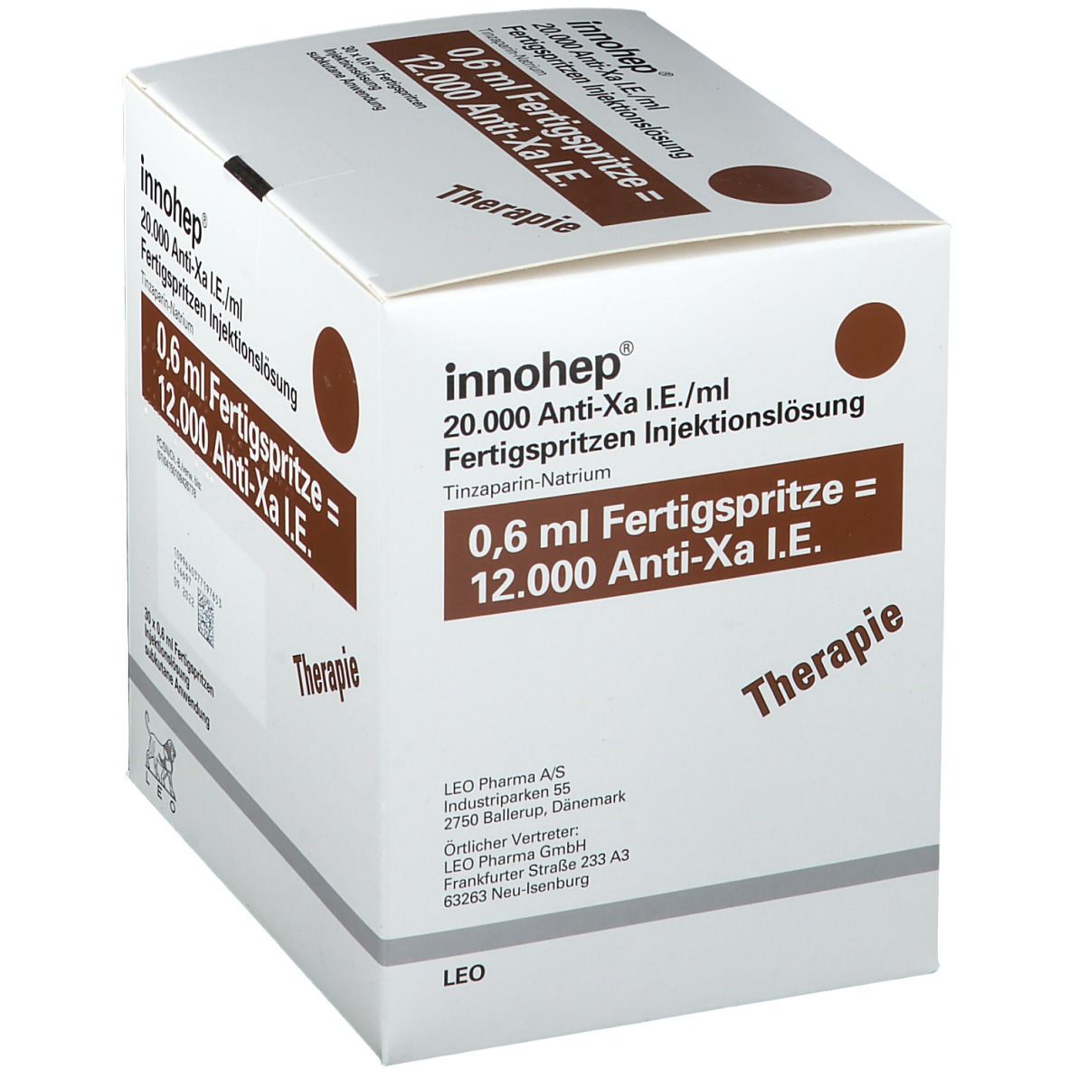 Karton mit Innohep Fertigspritzen. Schräge Ansicht. Braune und weiße Verpackung mit Produktinformationen und Logo.