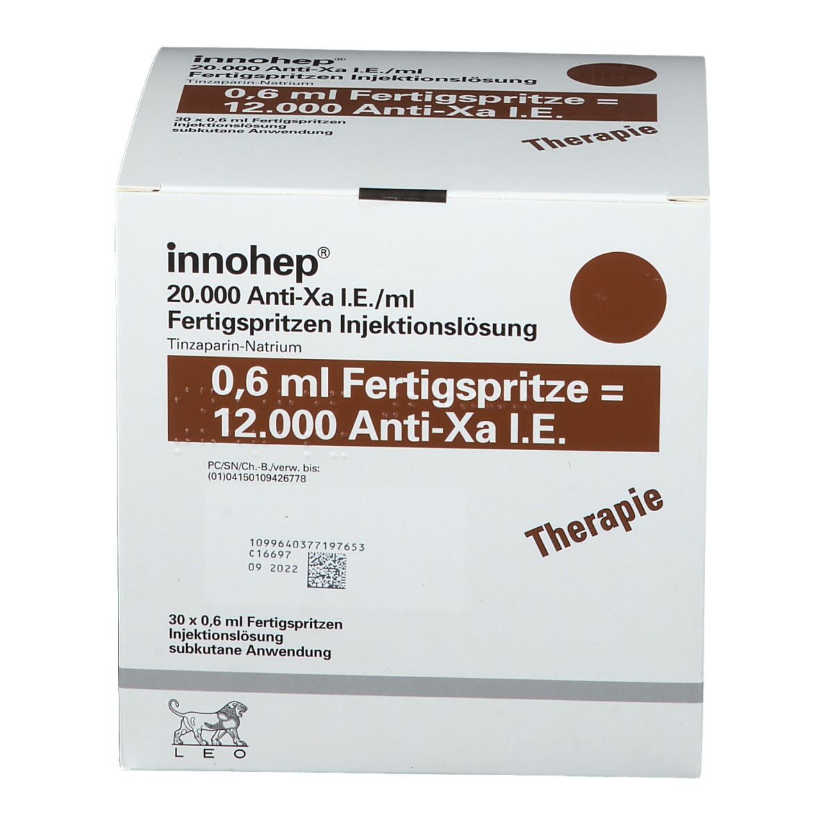 Karton mit Innohep Fertigspritzen. Schräge Ansicht. Braune und weiße Verpackung mit Produktinformationen und Logo.