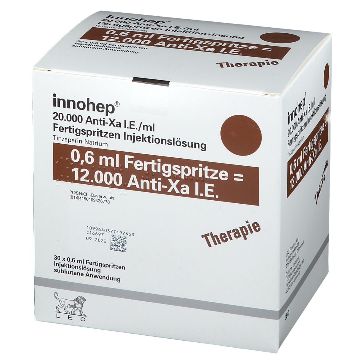 Karton mit Innohep Fertigspritzen. Schräge Ansicht. Braune und weiße Verpackung mit Produktinformationen und Logo.