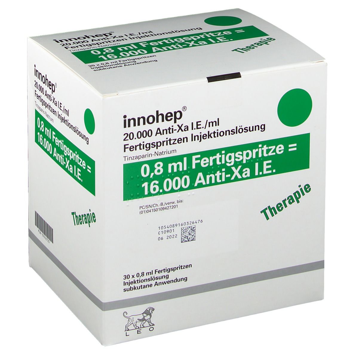 Weißer Karton mit grünen Akzenten. Aufschrift: Innohep, 20.000 Anti-Xa I.E./ml, Fertigspritzen. 30 x 0,8 ml Fertigspritzen.