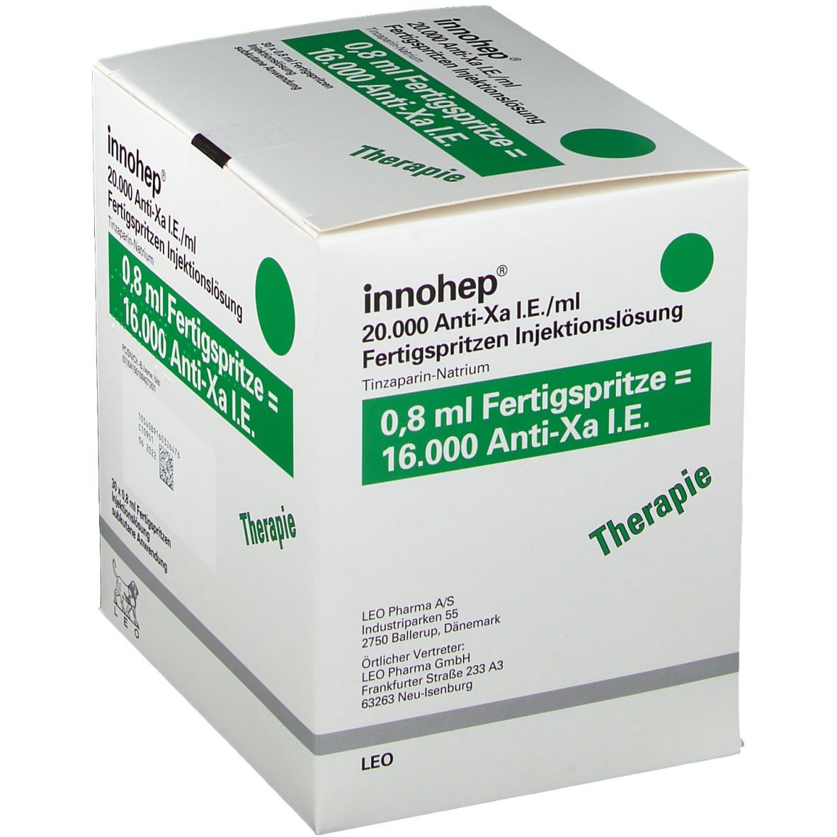 Weißer Karton mit grünen Akzenten. Aufschrift: Innohep, 20.000 Anti-Xa I.E./ml, Fertigspritzen. 30 x 0,8 ml Fertigspritzen.