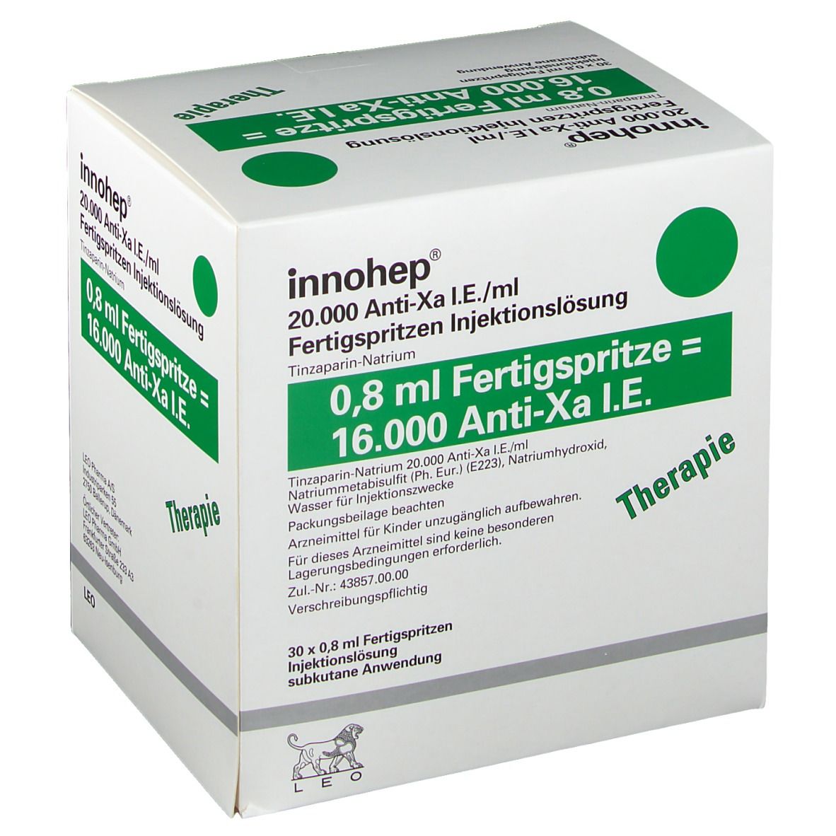 Weißer Karton mit grünen Akzenten. Aufschrift: Innohep, 20.000 Anti-Xa I.E./ml, Fertigspritzen. 30 x 0,8 ml Fertigspritzen.