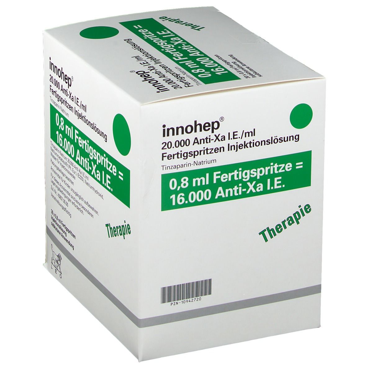 Weißer Karton mit grünen Akzenten. Aufschrift: Innohep, 20.000 Anti-Xa I.E./ml, Fertigspritzen. 30 x 0,8 ml Fertigspritzen.