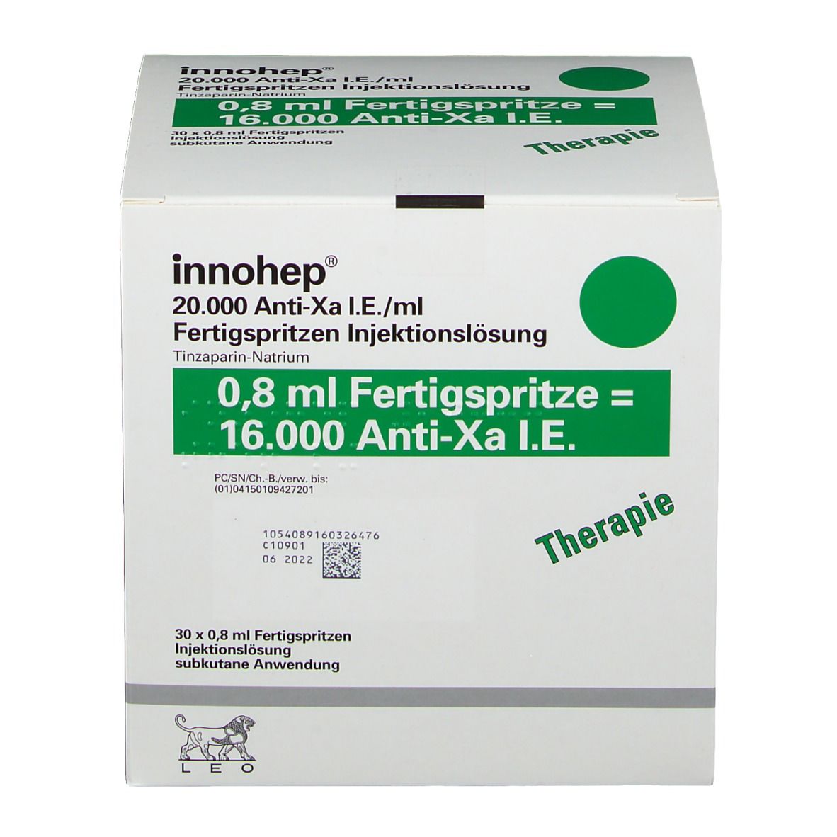 Weißer Karton mit grünen Akzenten. Aufschrift: Innohep, 20.000 Anti-Xa I.E./ml, Fertigspritzen. 30 x 0,8 ml Fertigspritzen.