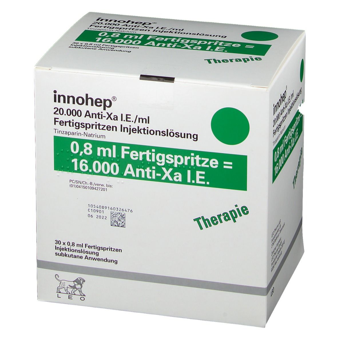 Weißer Karton mit grünen Akzenten. Aufschrift: Innohep, 20.000 Anti-Xa I.E./ml, Fertigspritzen. 30 x 0,8 ml Fertigspritzen.