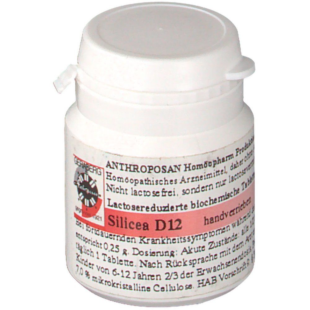 Weißes Tabletten-Behältnis mit Etikett. Aufschrift: Silicea D12, lactosereduziert. Anthroposan Homöopathie.