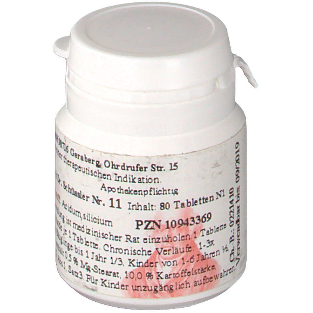 Weißes Tabletten-Behältnis mit Etikett. Aufschrift: Schüssler Nr. 11, Inhalt: 80 Tabletten. PZN 10943369.