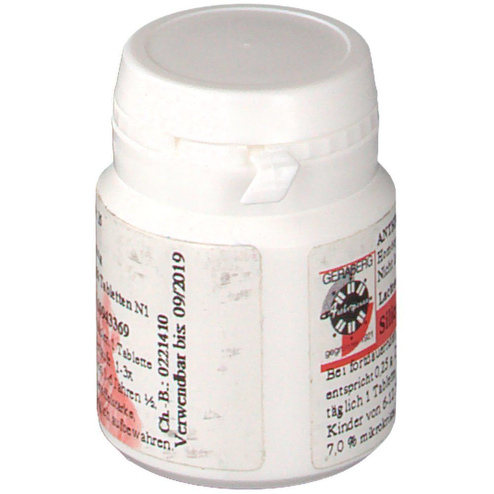 Weißes Tabletten-Behältnis mit Etikett. Aufschrift: Silicea D12, lactosereduziert. Verwendbar bis 09/2019.