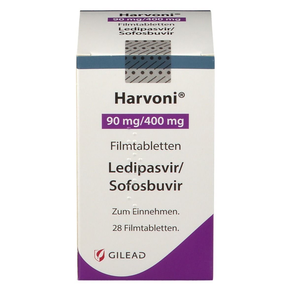 Harvoni 90 mg/400 mg Filmtabletten Ledipasvir/Sofosbuvir. Packung mit 28 Filmtabletten.