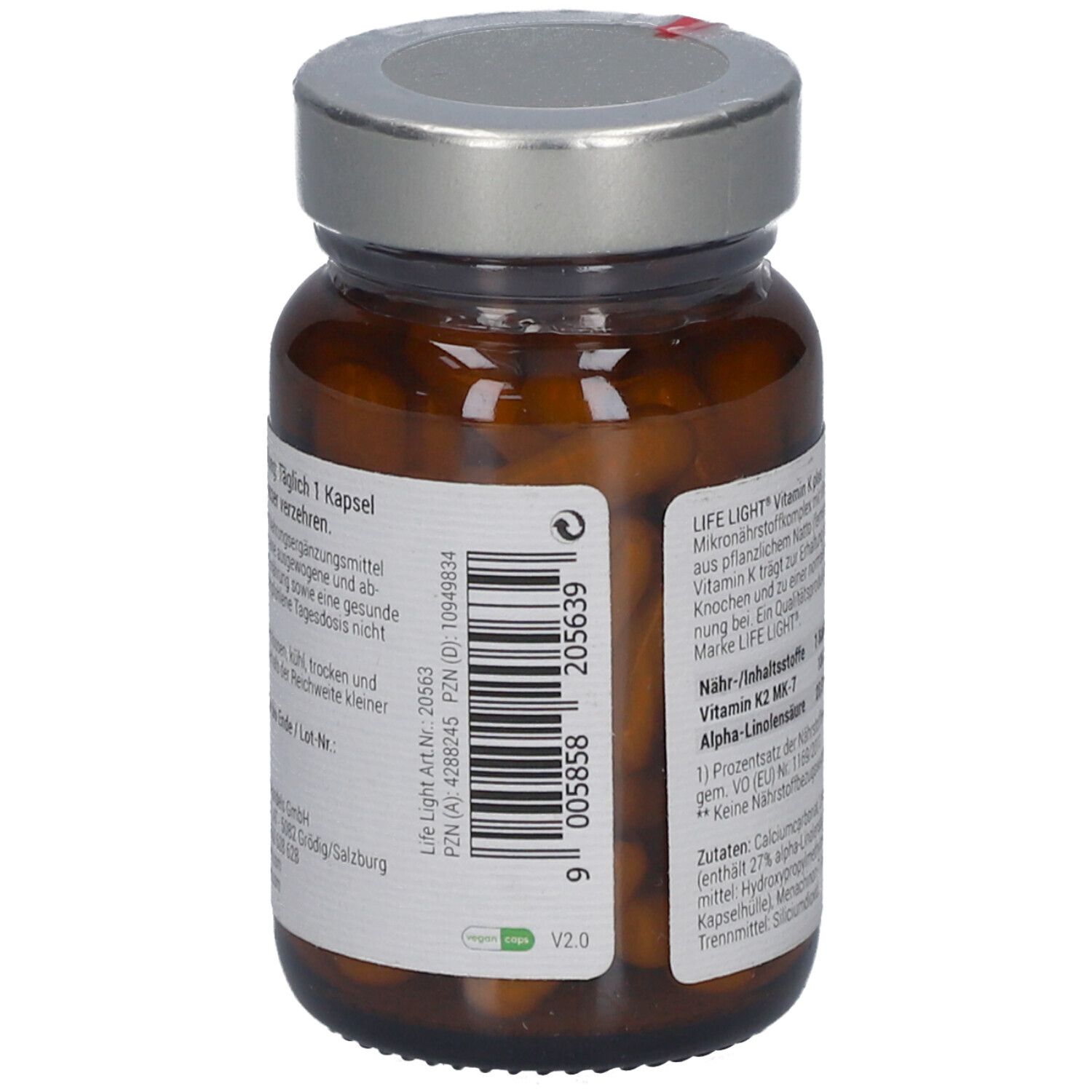 Braune Glasflasche mit silbernem Deckel. Rückseite mit Barcode und Text. Vegan-Siegel. PZN-Nummer.
