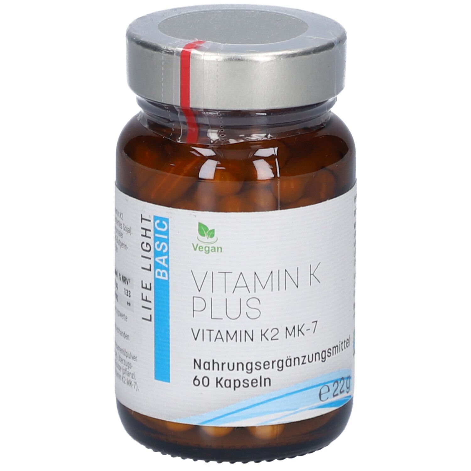 Braune Glasflasche mit silbernem Deckel. Aufschrift: LIFE LIGHT BASIC, VITAMIN K PLUS, Vitamin K2 MK-7, 60 Kapseln. Vegan-Siegel.