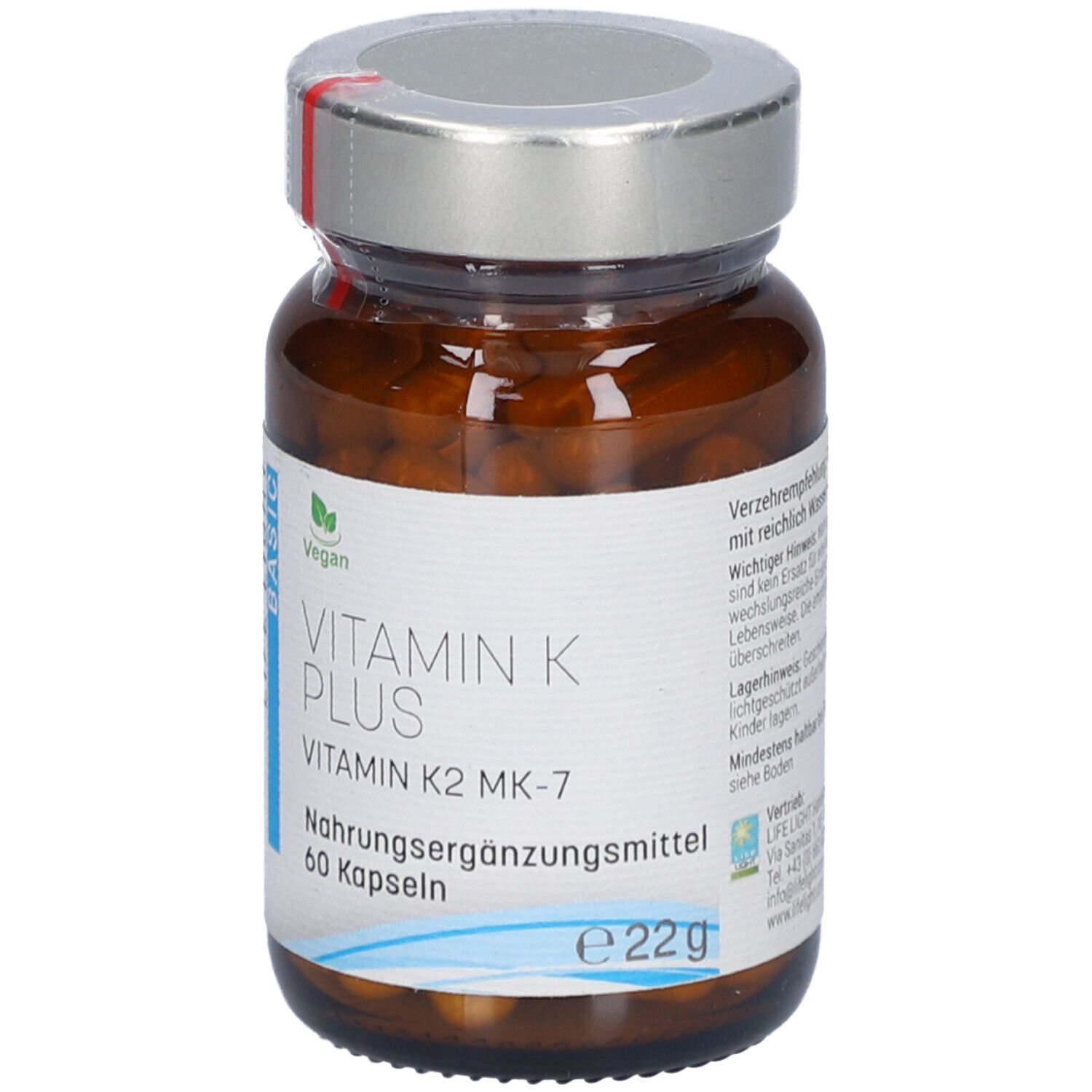 Braune Glasflasche mit silbernem Deckel. Aufschrift: LIFE LIGHT BASIC, VITAMIN K PLUS, Vitamin K2 MK-7, 60 Kapseln. Vegan-Siegel.