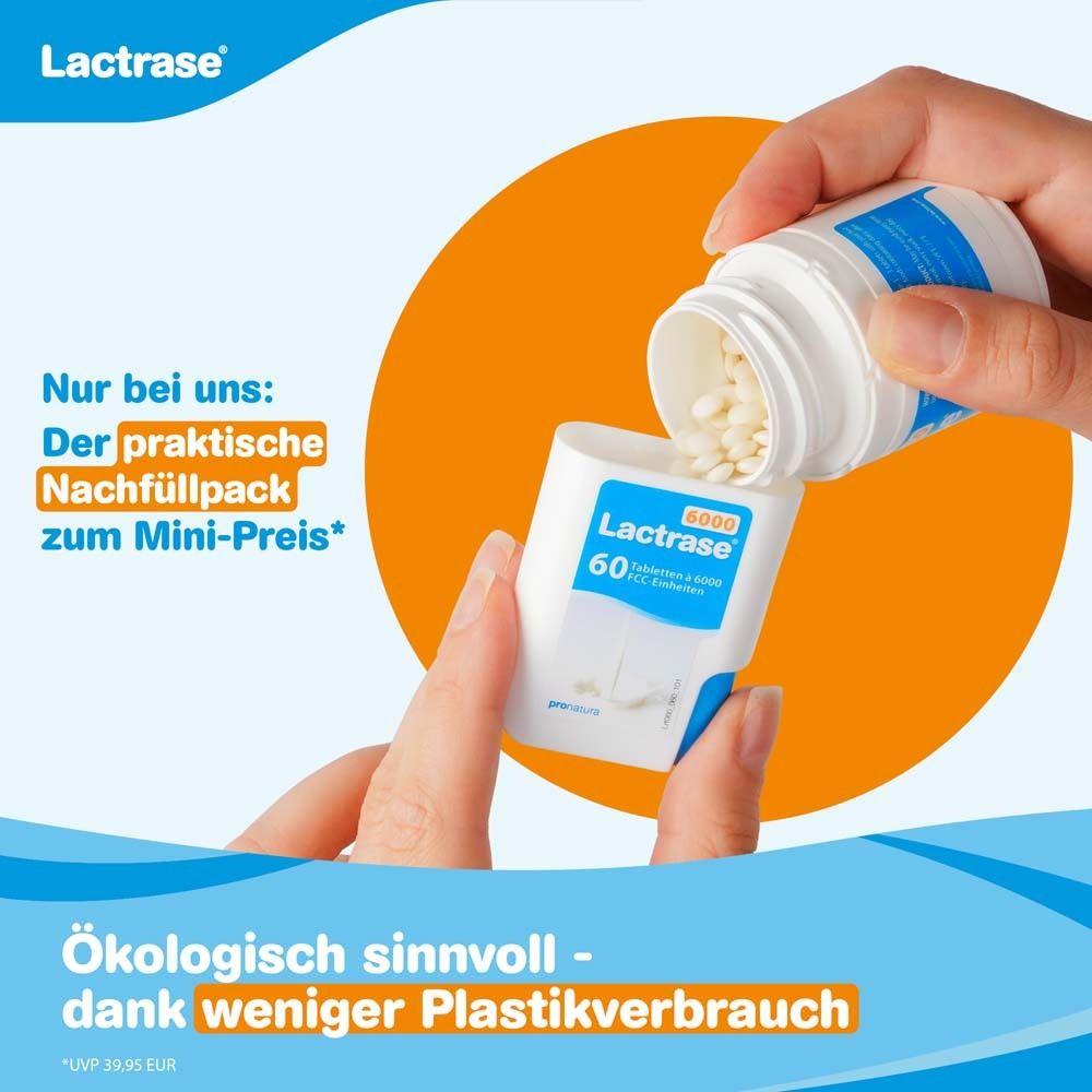 Hand füllt Klickspender mit Tabletten. Lactrase 6000. Text: Nachfüllpack zum Mini-Preis. Ökologisch sinnvoll.