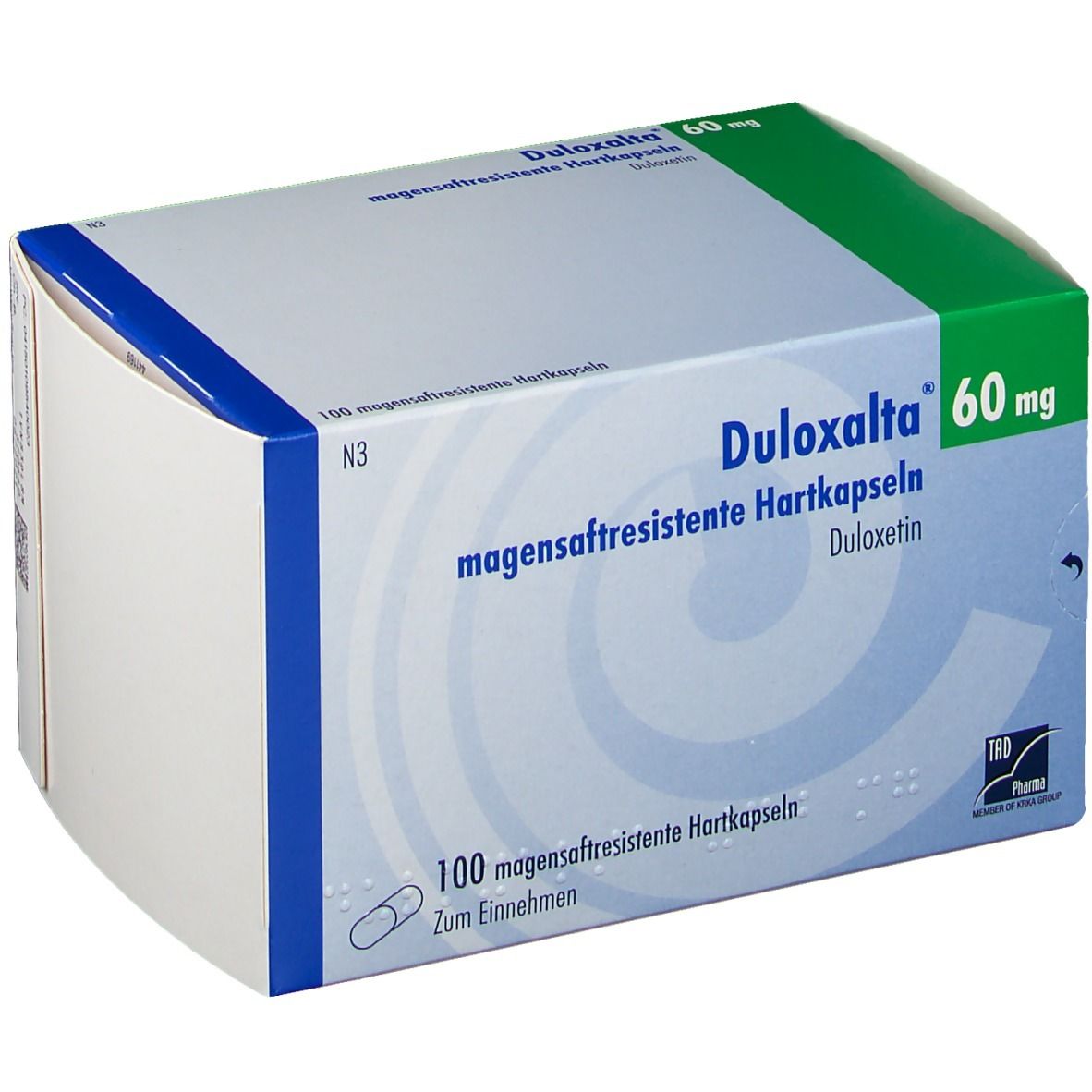 Karton DULOXALTA 60 mg magensaftresistente Hartkapseln. Blaue, grüne und weiße Verpackung. Schriftzug DULOXALTA 60 mg.