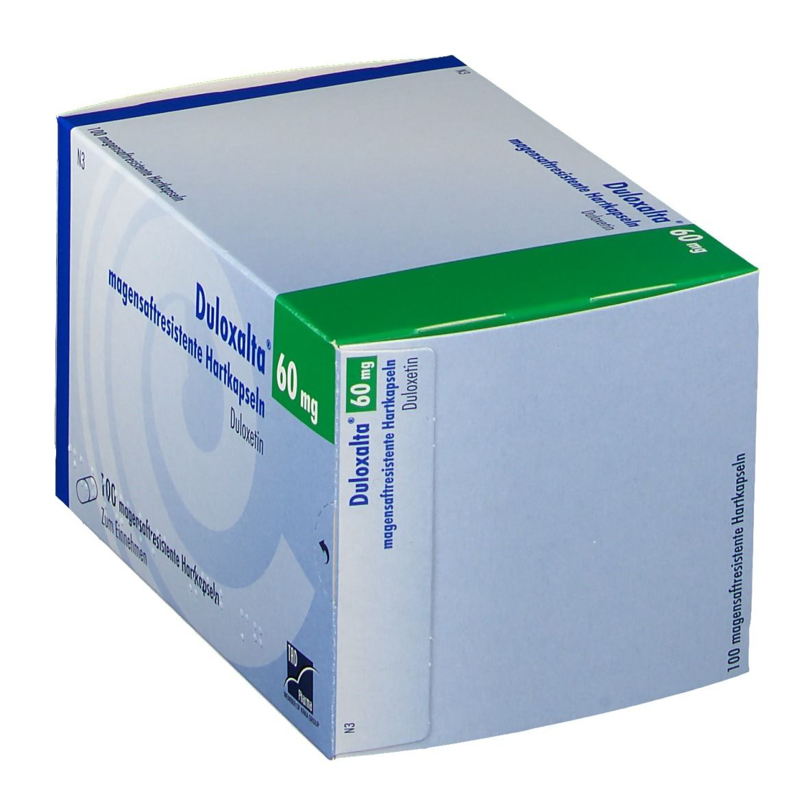 Karton DULOXALTA 60 mg magensaftresistente Hartkapseln. Blaue, grüne und weiße Verpackung. Schriftzug DULOXALTA 60 mg.