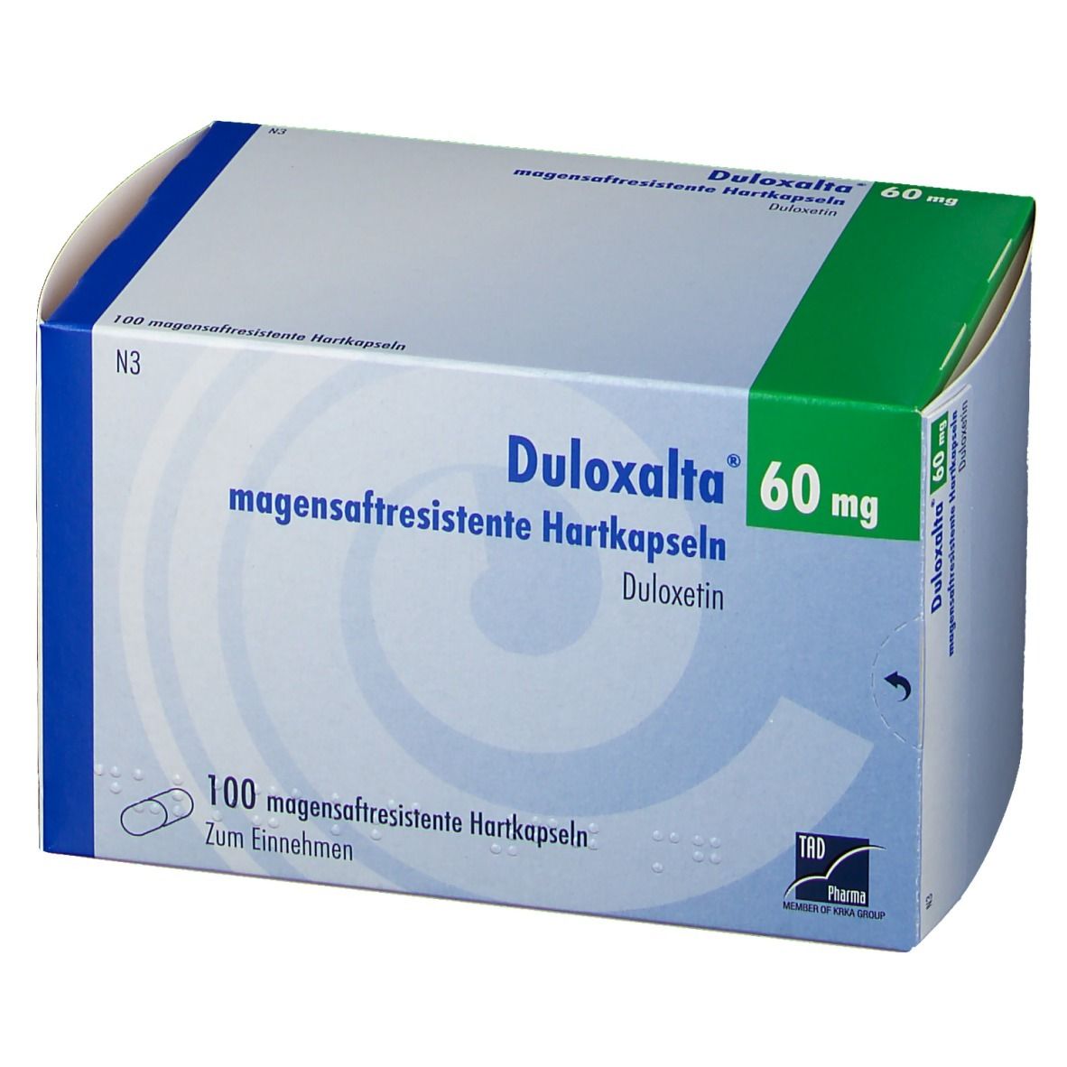 Karton DULOXALTA 60 mg magensaftresistente Hartkapseln. Blaue, grüne und weiße Verpackung. Schriftzug DULOXALTA 60 mg.